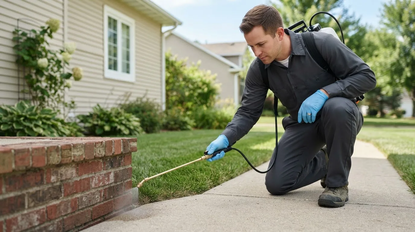 Pest control technician treating a home near North Sandwich, NH